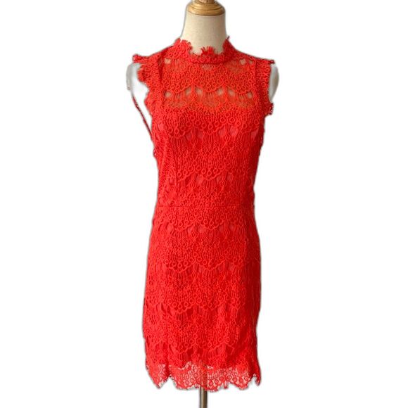 Free People Daydream Orange Coral Eyelash Lace Mini Dress Backless Small - Picture 1 of 10